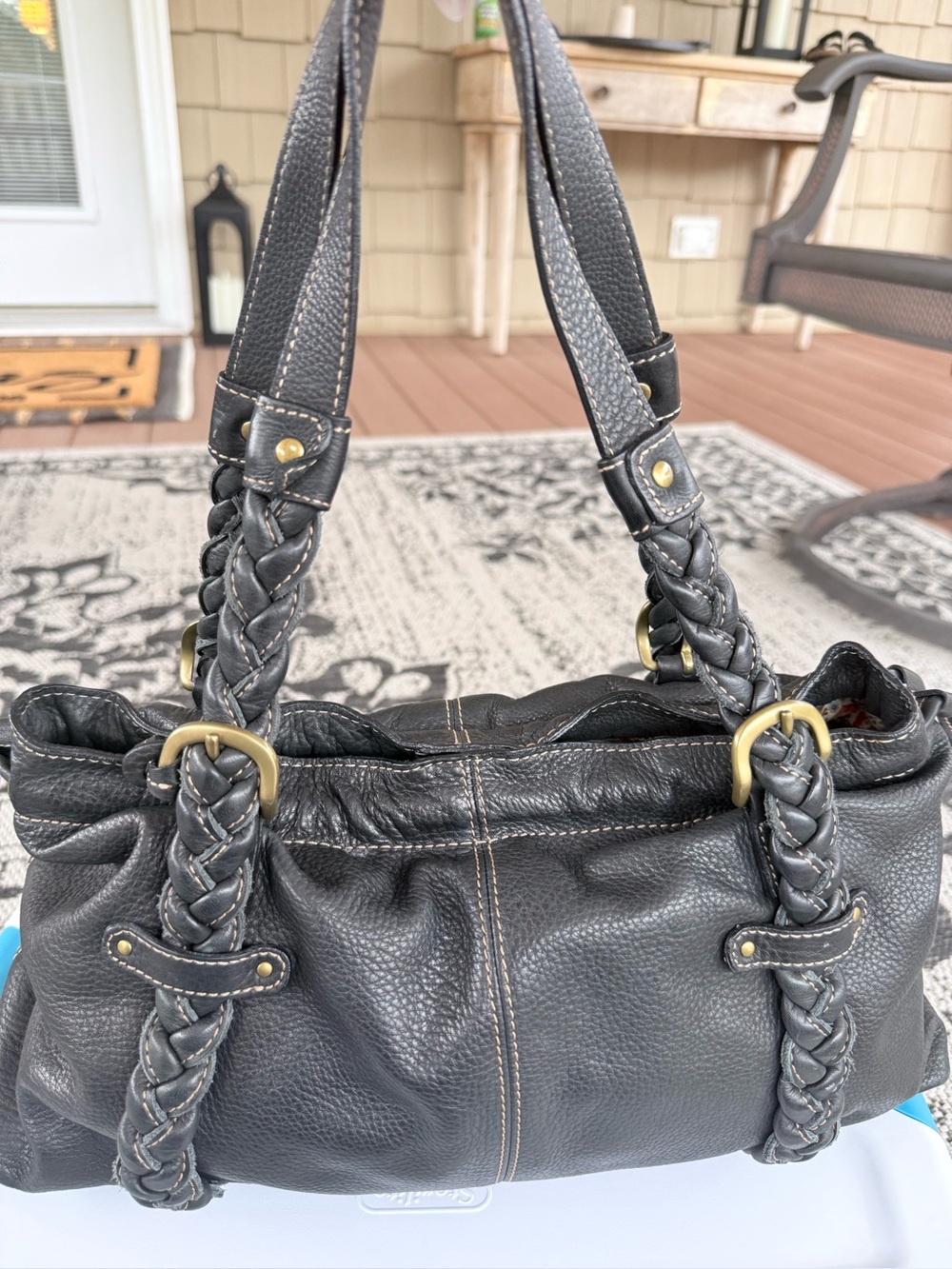 Fossil Vintage Black Leather Braided Handle Satchel Shoulder Bag